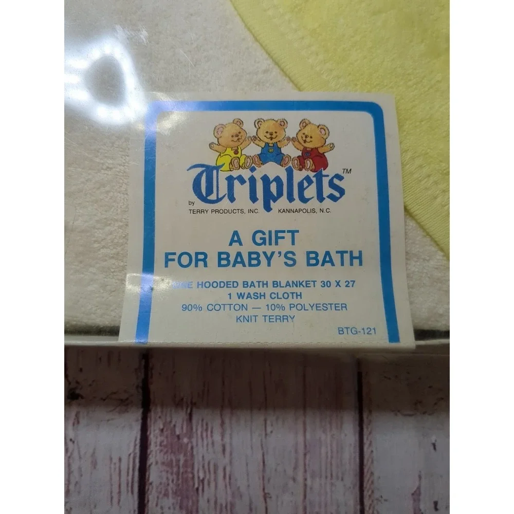 Triplets Knit Terry Baby Hooded Bath Blanket Yellow/ Teddy Bear Vintage‎ New